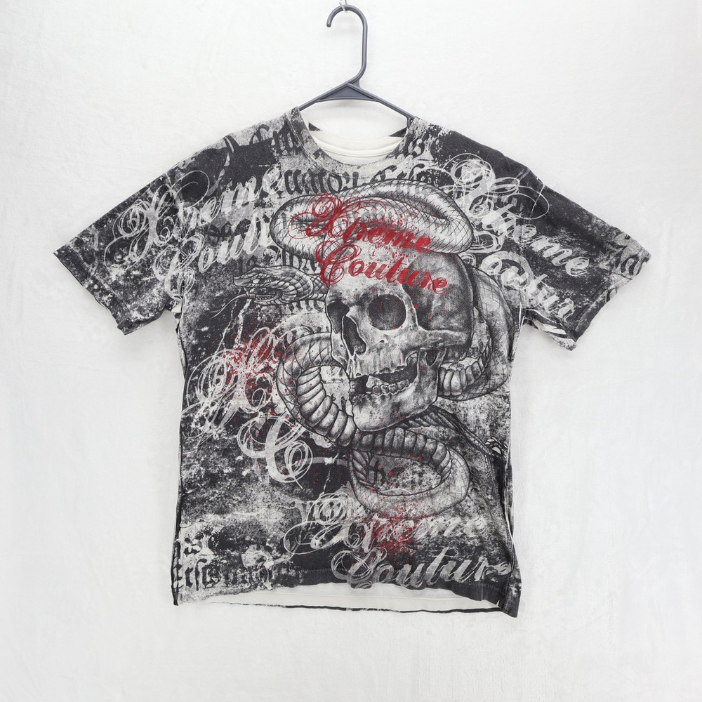Xtreme Couture Mens XL Skull Snake Graphic T-Shirt Gray Black All Over Print